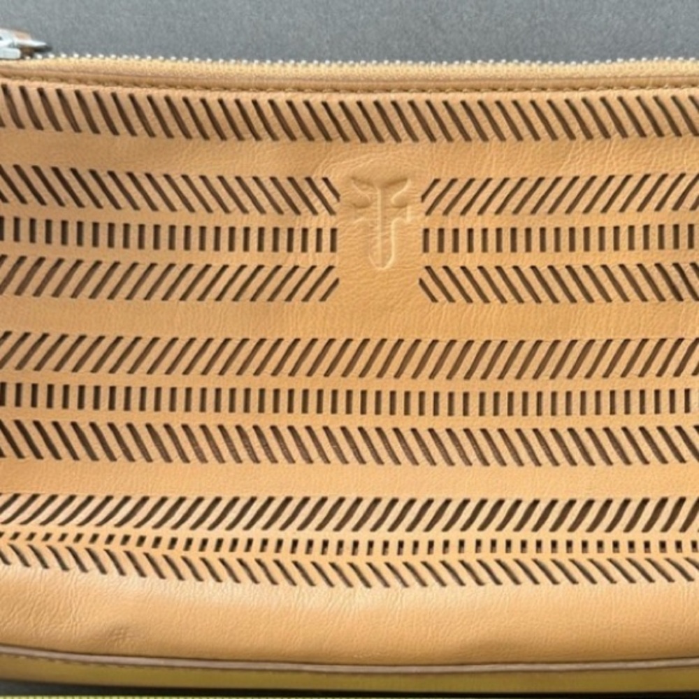Frye Tan Leather Laser Cut Chevron Zip Wristlet Clutch Pouch